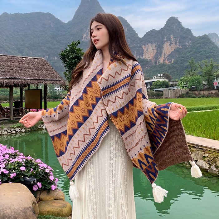 Ethnic-style Knitted Tassel Shawl