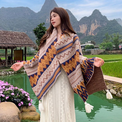 Ethnic-style Knitted Tassel Shawl