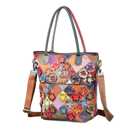 Top-grain Leather Floral Patchwork Shoulder Crossbody Bag