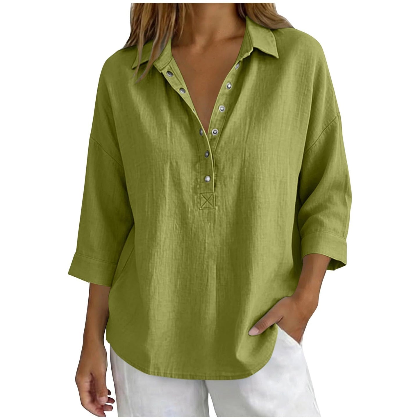 Womens Solid-Color Casual Three-Quarter-Sleeve Shirt