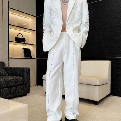Pearl Rhinestone Shoulder Pad White Suit For Men With A Relaxed Feeling