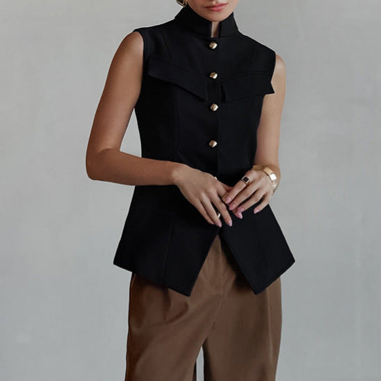 Designer-style Small Stand-up Collar Buttoned Sleeveless Vest