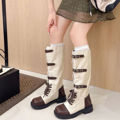 Women Retro Color Block Fringe Knee High Boots Lace Up Multi Buckle Thick Heel Western Knight Boots