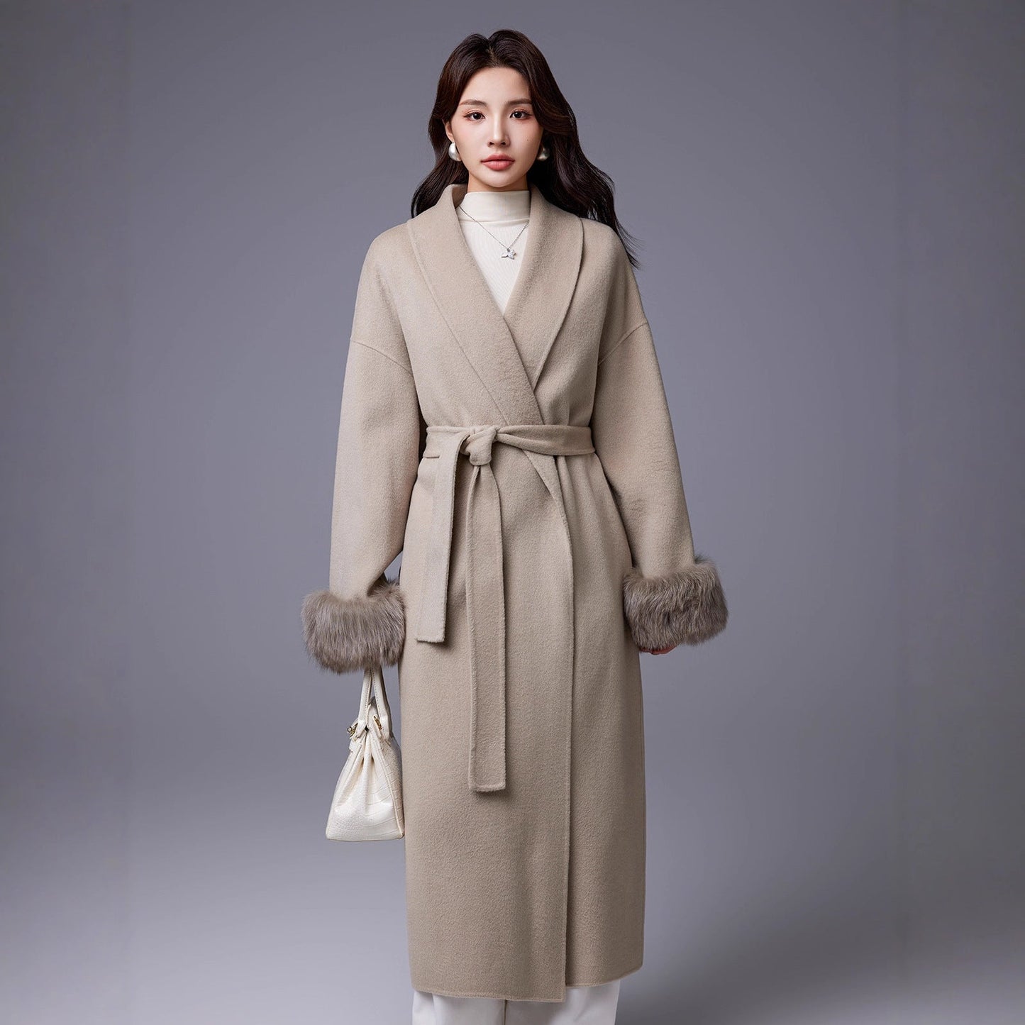 Thickened Coat With Fox-fur Sleeves Womens Belted Wool Blend