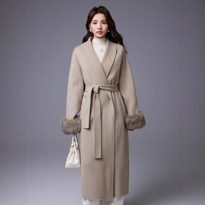 Thickened Coat With Fox-fur Sleeves Womens Belted Wool Blend