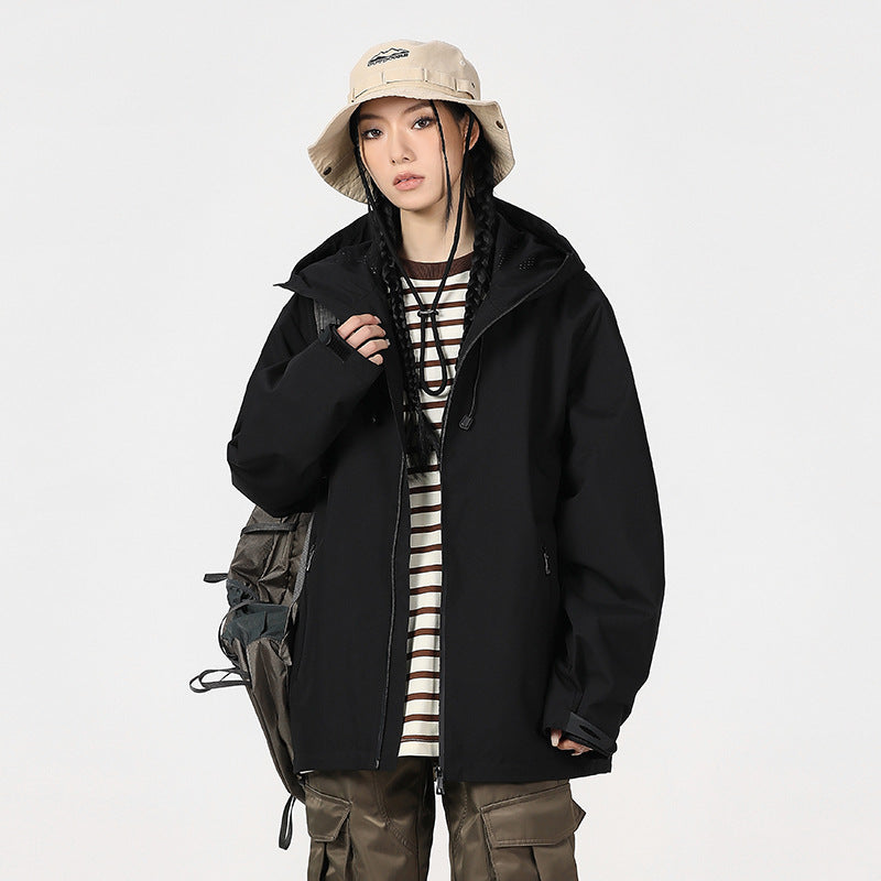 Outdoor Windproof And Waterproof Bomber Jacket Couples Style Hooded Trench Coat