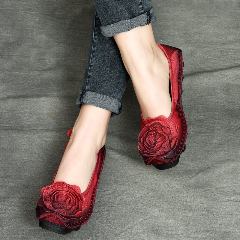 Ethnic-style Vintage Floral Flat Leather Pumps For Women