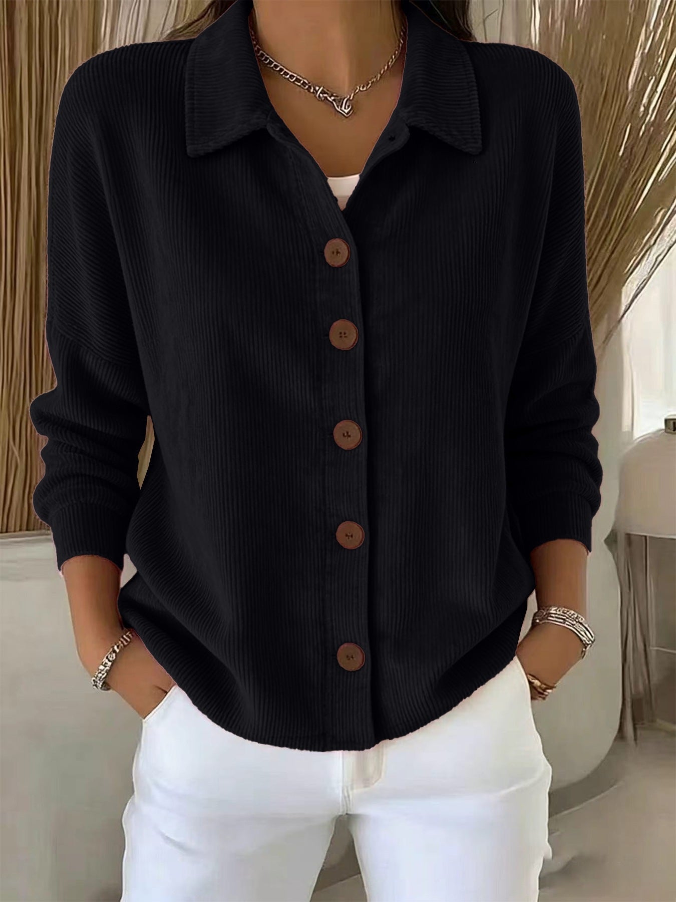 Womens Solid-Color Long-Sleeve Cardigan Polo Shirt