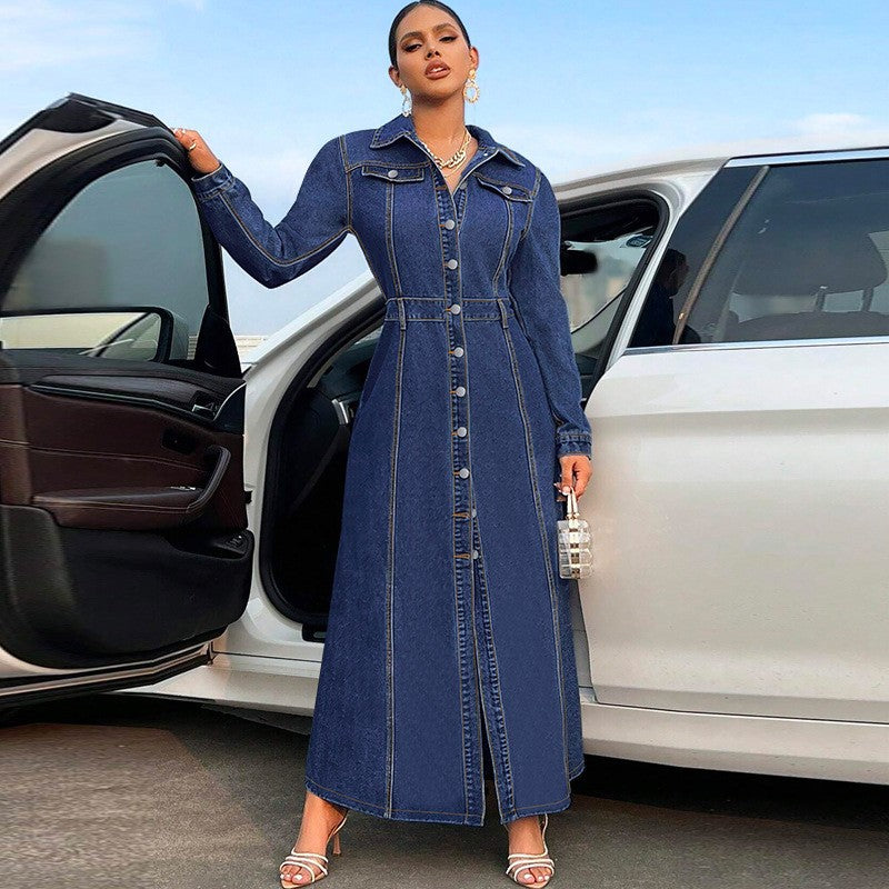 European And American Style New Plus-Size Women's Clothing With Button-Down Design, Long-Sleeved Long Coat-Style Dress, Denim Long Trench Coat