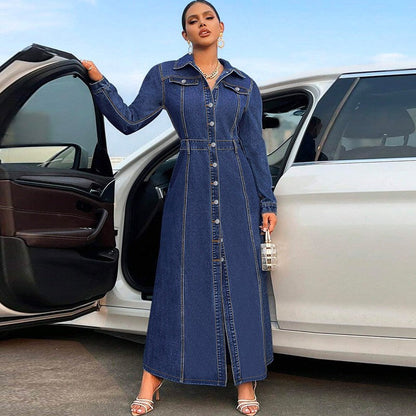 European And American Style New Plus-Size Women's Clothing With Button-Down Design, Long-Sleeved Long Coat-Style Dress, Denim Long Trench Coat