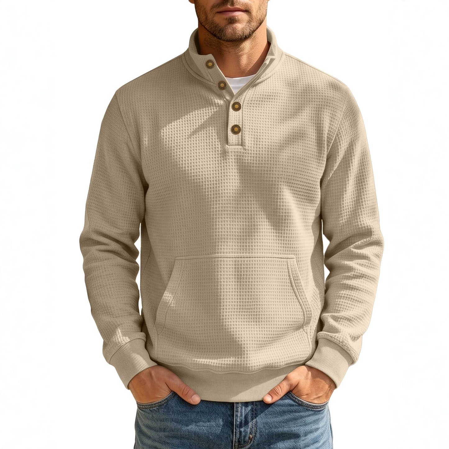 Men's Autumn & Winter Waffle Solid Color Half-Zip Stand Collar Pullover, Foreign Trade Long Sleeve Casual Sweatshirt