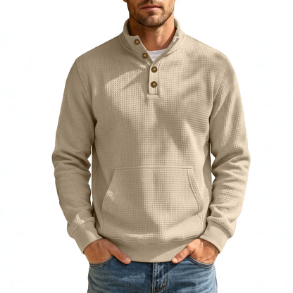Men's Autumn & Winter Waffle Solid Color Half-Zip Stand Collar Pullover, Foreign Trade Long Sleeve Casual Sweatshirt