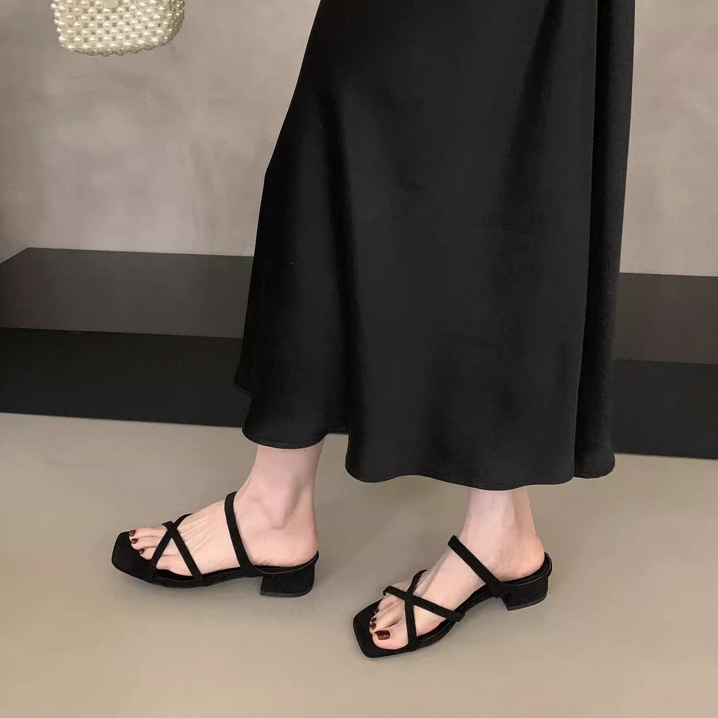 Block Heel Square Toe Women Sandals Summer Outdoor Suede Fairy 3cm Cross Strap Gorgeous Slide Sandals Open Toe French Style