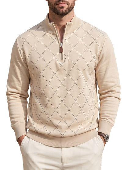 Mens Diamond-Check Half-Zip Long-Sleeve Casual Sweatshirt