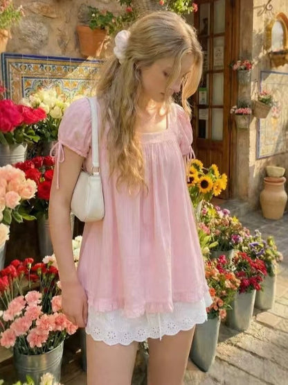 Casual Square Collar Ruffled Short-sleeved Shirt