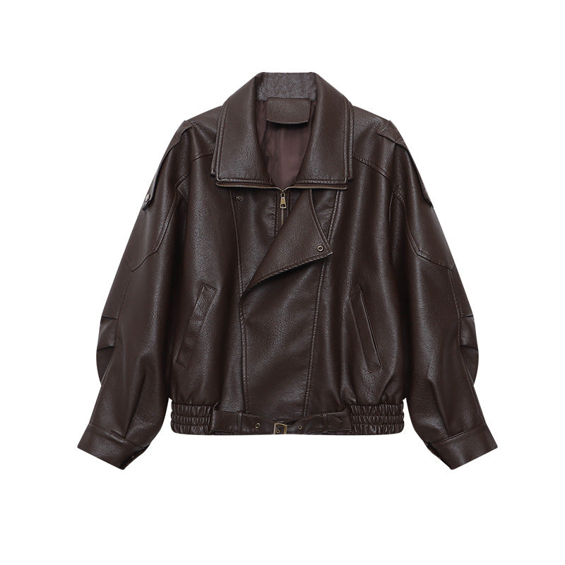 American-style Vintage Matte PU Leather Lapel Loose Biker Leather Jacket