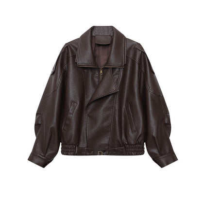 American-style Vintage Matte PU Leather Lapel Loose Biker Leather Jacket