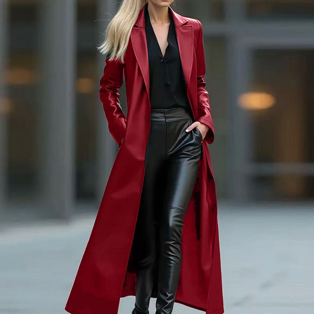 Solid Color Loose Fit Long Leather Coat For Women
