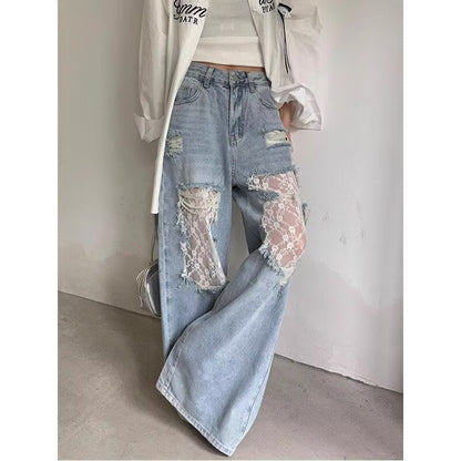 Women's Vintage Lace Stitching Ripped Jeans