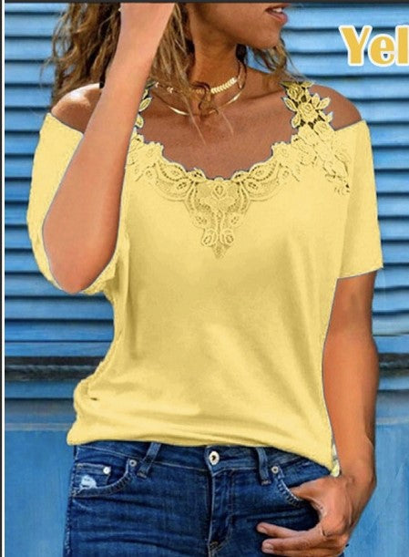 V-Neck Patchwork Short-Sleeved Lace Casual Loose T-Shirt For Women