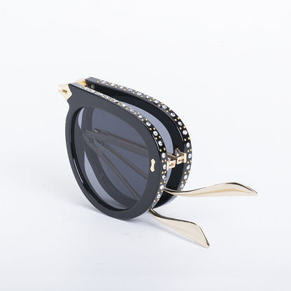 Diamond-Encrusted Foldable Sun Protection Sunglasses For Women, Fashionable Glasses, Internet Celebrity Style Sunglasses, Plain Aviator Glasses, Sunglasses