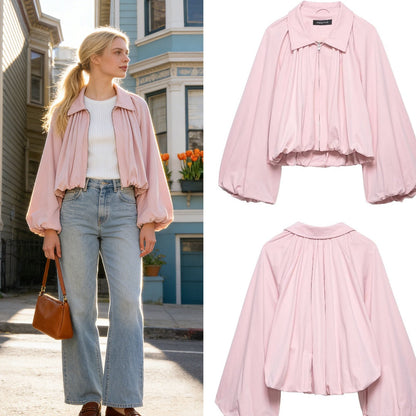 European And American-style Balloon-sleeve Aviator Jacket For Women