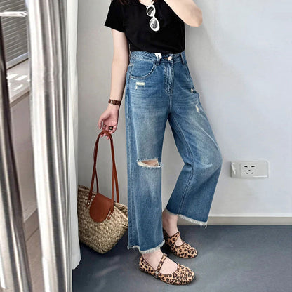 Comfortable Casual Washed Versatile Blue Capri-length Jeans For Outerwear