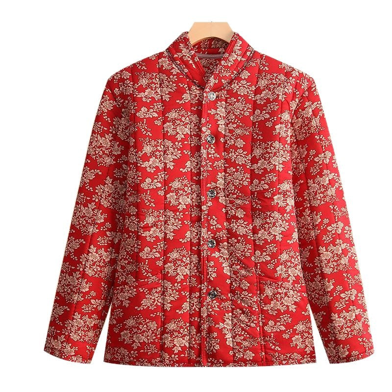 Middle Aged And Elderly Stand Collar Floral Cotton Padded Coat
