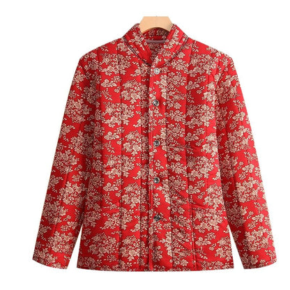 Middle Aged And Elderly Stand Collar Floral Cotton Padded Coat