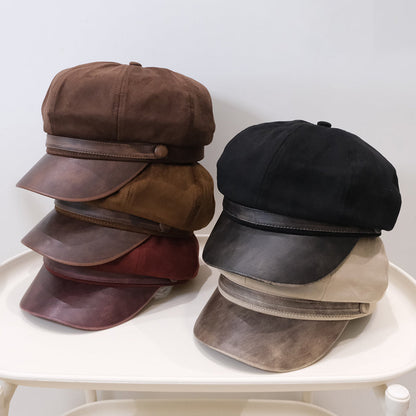 Winter Spring Vintage Ruffled Octagonal Newsboy Hat With Leather Buckle, Soft Top And Curved Brim, Fashionable British Style Beret