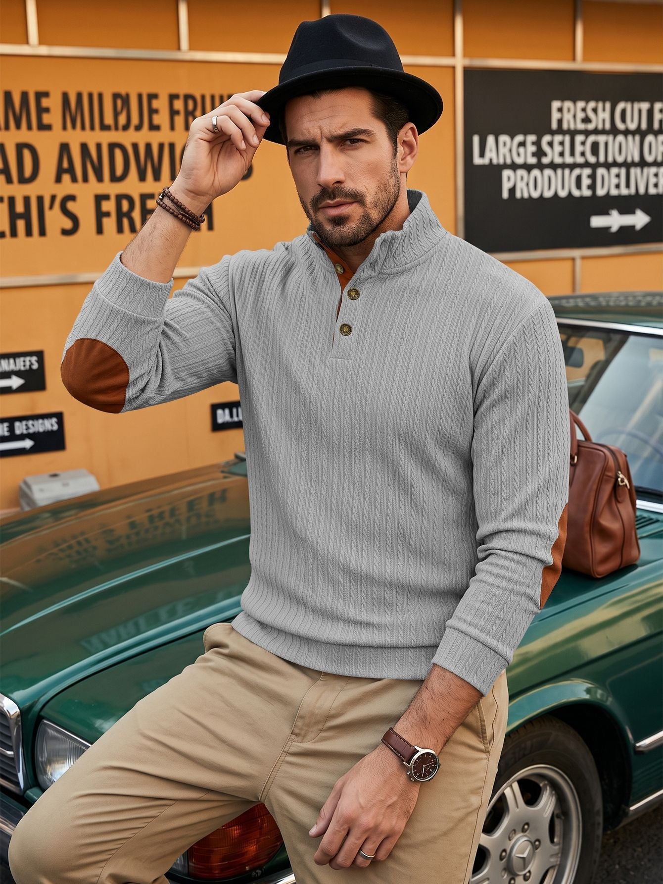 American-style Mens Top With A Stand-up Collar And Textured Jacquard Weave