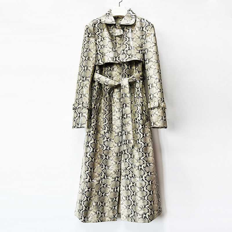 Snake-Print Faux Leather Long Trench Coat