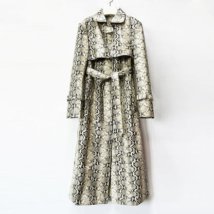 Snake-Print Faux Leather Long Trench Coat
