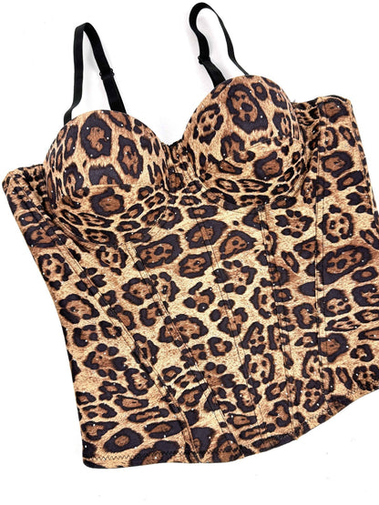 European And American Golden Brown Leopard Print Suede Short Vest With Inner Strap Can Be Worn Outside Stretch Gathered Fishbone Shaped Corset