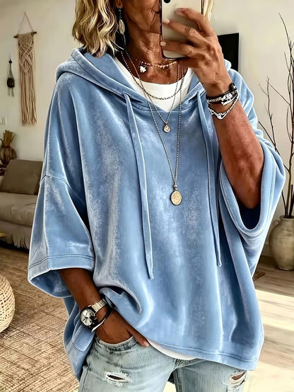 Women Velvet Batwing Short Sleeve Hoodie, Drawstring Loose Casual Solid Color Pullover Tops