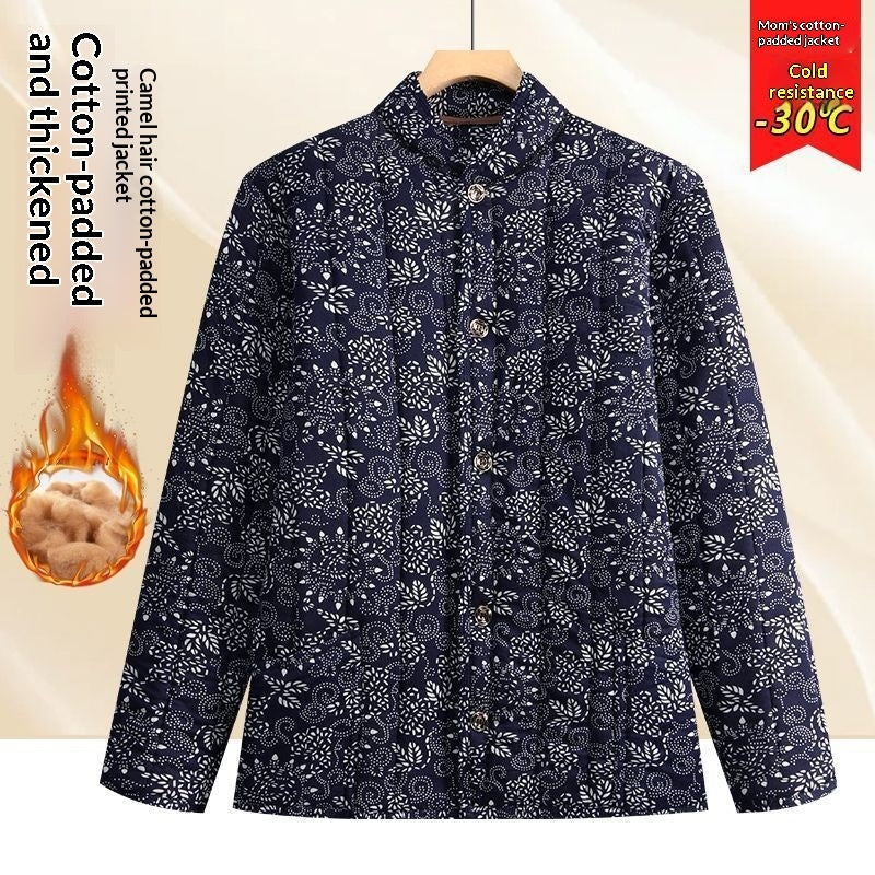 Middle Aged And Elderly Stand Collar Floral Cotton Padded Coat