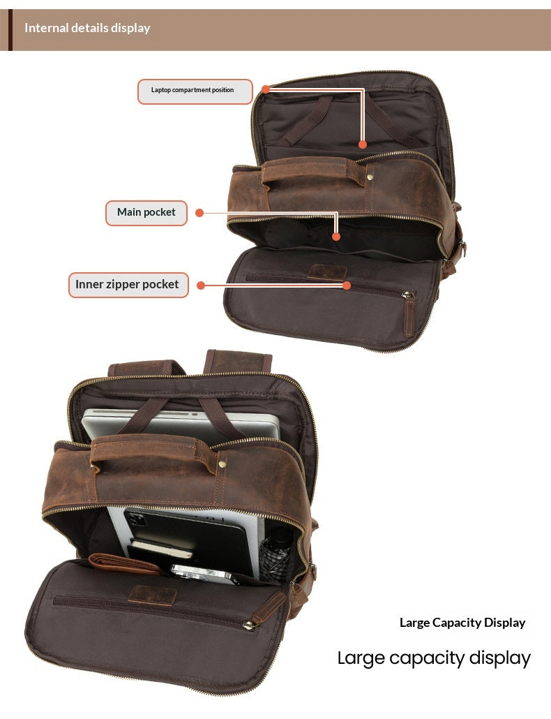 Leather Men's Computer Backpack, Leather Large Capacity Men's Business Travel Bag, Cowhide Backpack