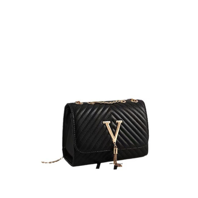A New Trendy Women's Bag With A Striped Body And Floral Design, A V-shaped Tassel Decorated Crossbody Bag