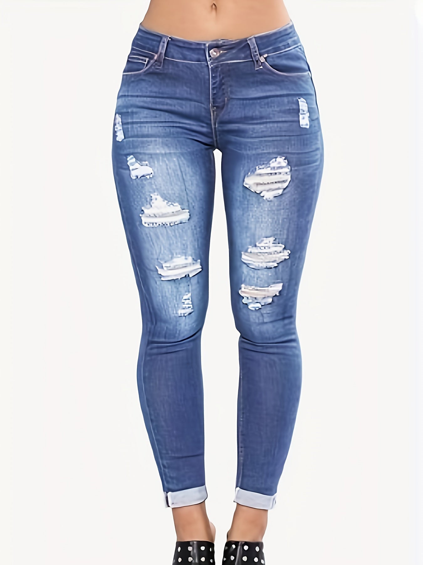 Stylish Blue Frayed-edge Denim Jeans American Street-style With A Unique Flair
