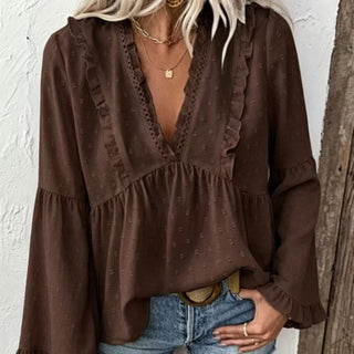 Fall V-Neck Lace Ruffle Dot Blouse Loose Flare Long Sleeve Babydoll Top For Daily Commute Outfit