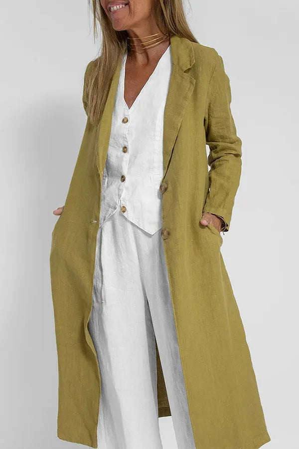 Long-sleeve Buttoned Cotton-linen Trench Coat With A Suit Collar