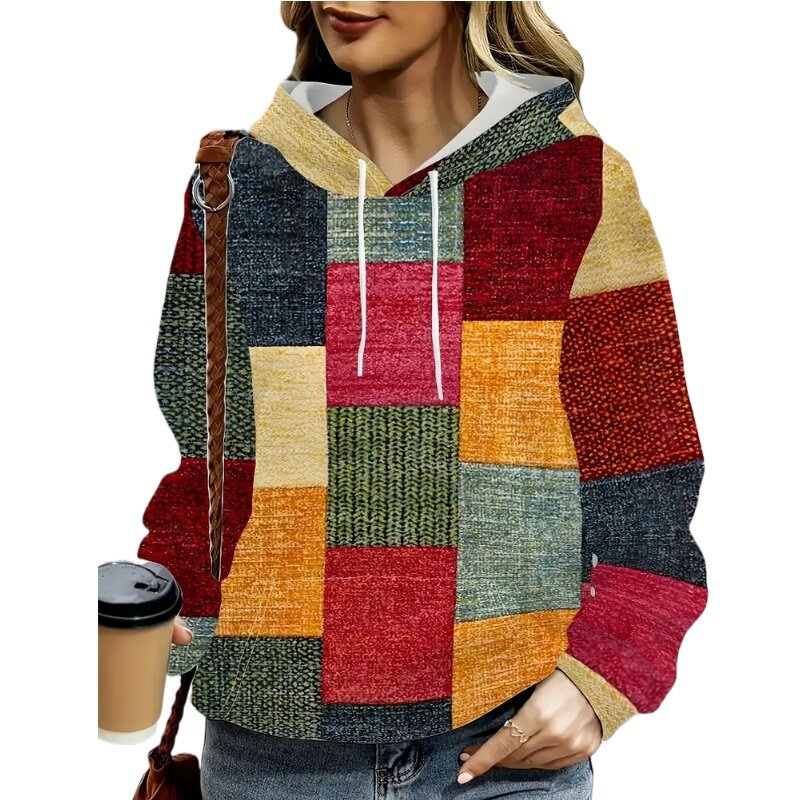 Womens Retro Plaid Patchwork Printed Hoodie