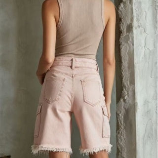 Washed Distressed Denim With Raw Edges And Multiple Pockets Womens Cropped Jeans