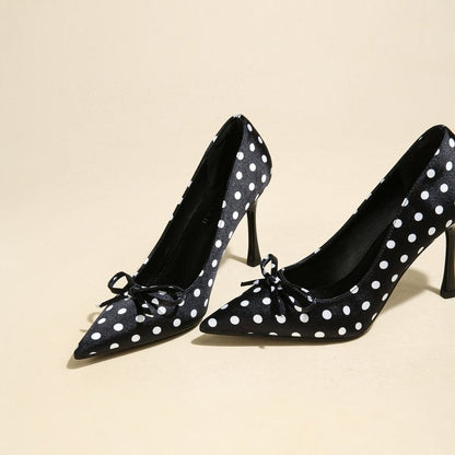 Fairy Style Pointed Toe Polka Dot Gentle Pumps For Women, French Style Soft Sole Stiletto High Heels Perfect With Dresses