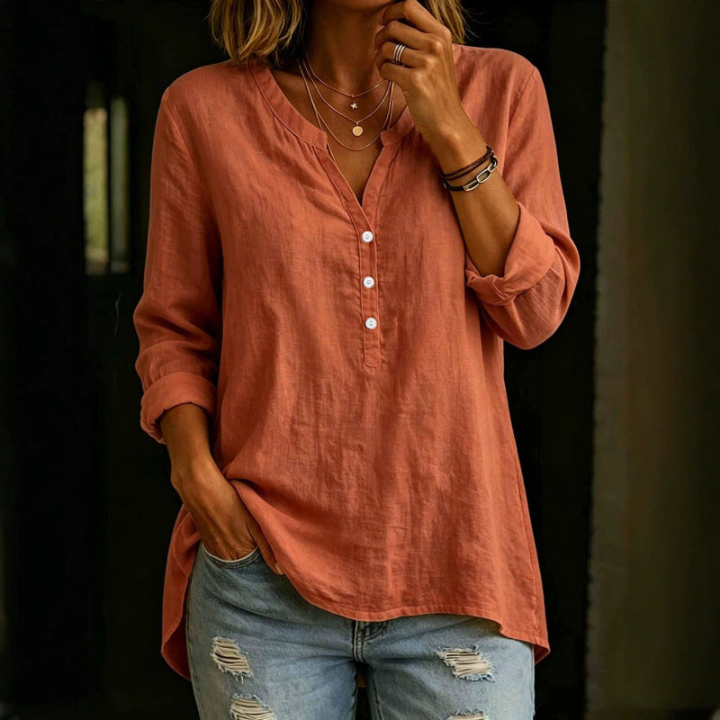Womens Solid-Color Casual Loose-Fit Button-Up Shirt