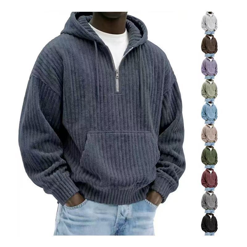 Solid-color Loose-fitting Corduroy Mens Hoodie