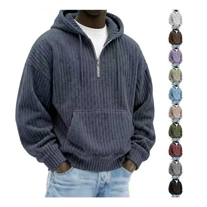 Solid-color Loose-fitting Corduroy Mens Hoodie