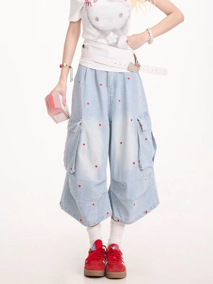 Love-Heart Print Designer-Style Cropped Denim Jeans For Women Summer