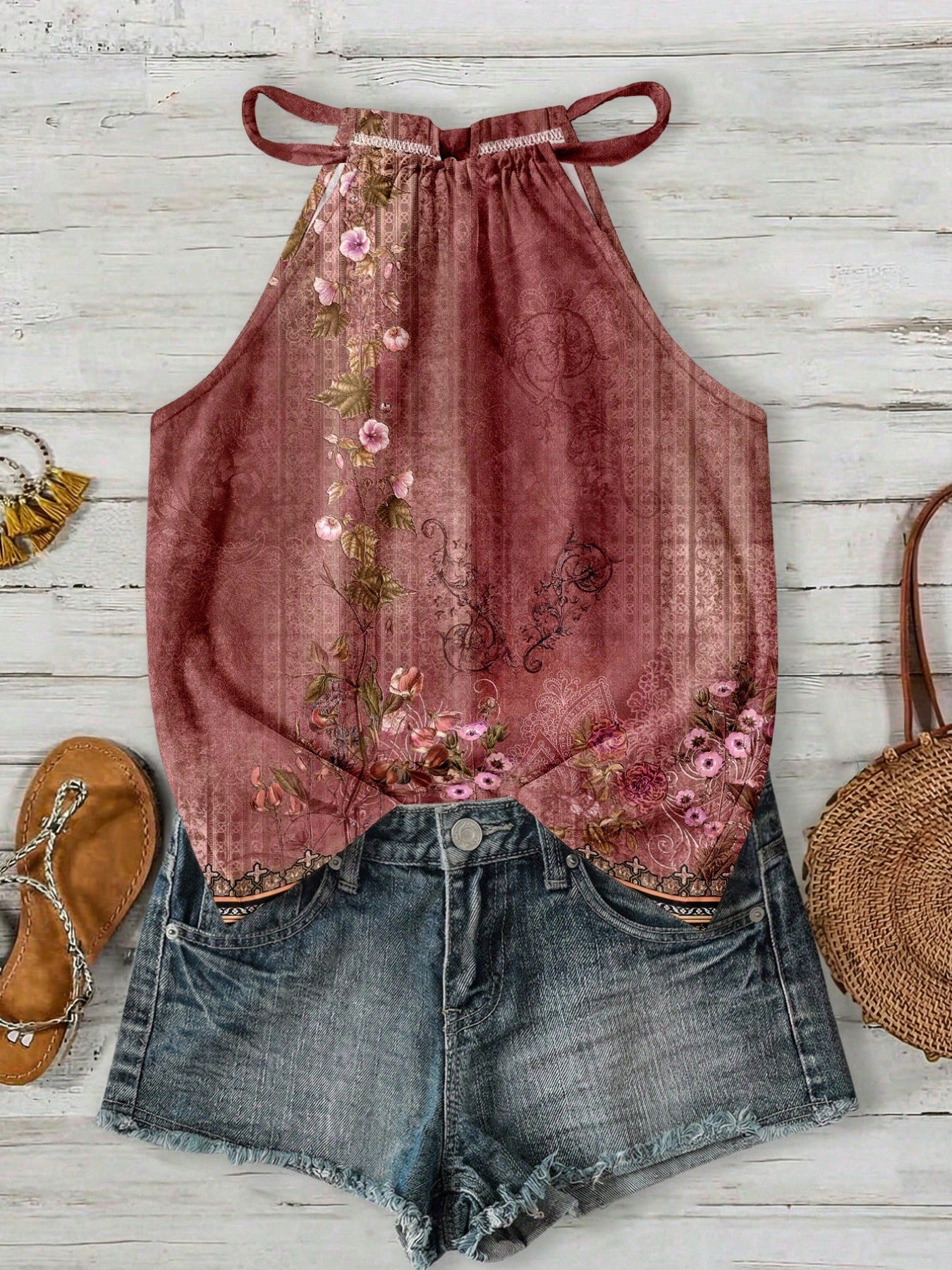 Womens Casual Resort-style Halter-neck Sleeveless Tank Top