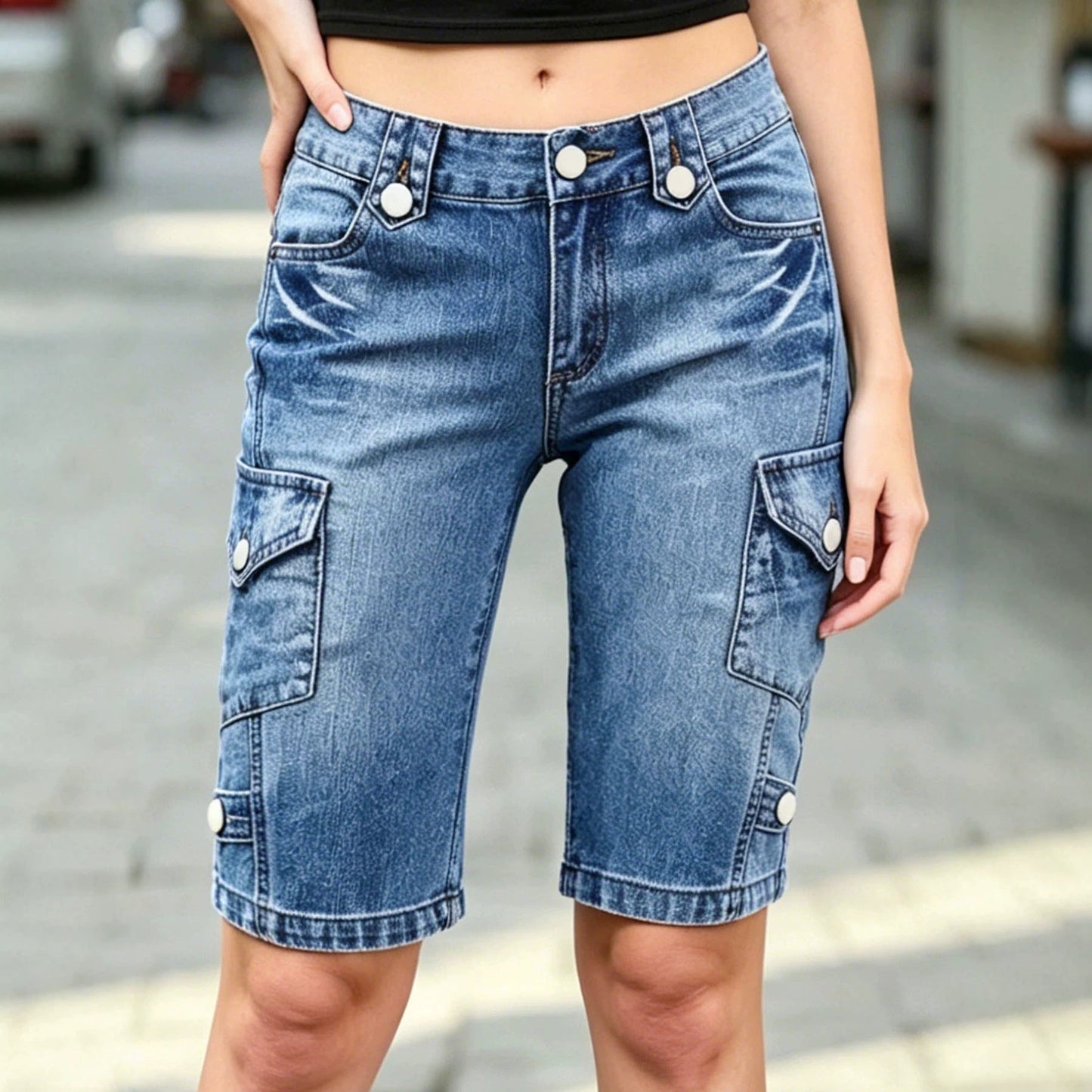Women's Retro Double Button Waist Workwear Five Quarter Shorts